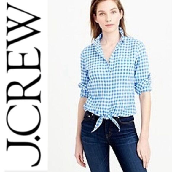 J. Crew blue white checkered gingham tie front boy shirt collared top size 6 - Picture 1 of 10